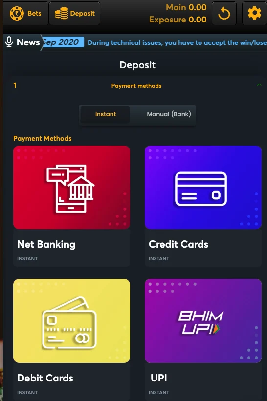 Funny Exchange deposit page displaying instant payment methods including net banking, credit cards, debit cards, UPI, Google Pay, PhonePe, and Paytm
