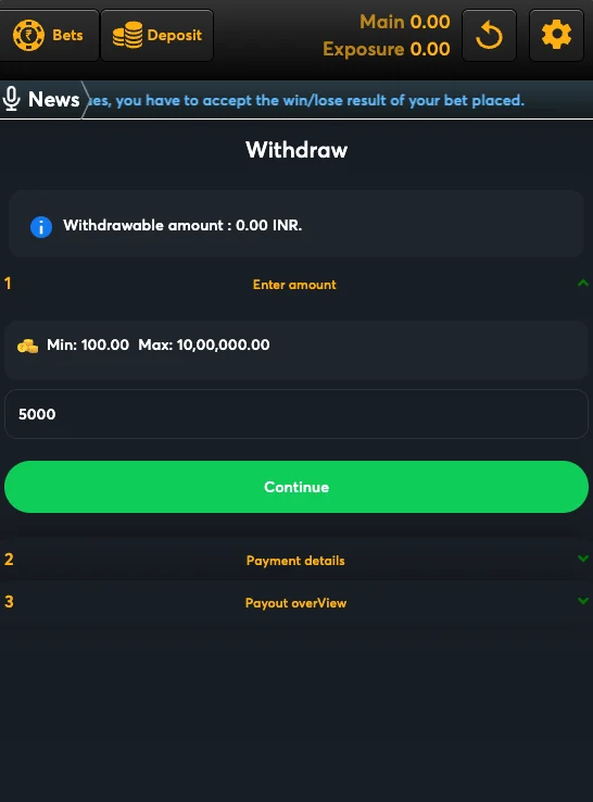 Funny Exchange withdrawal amount screen showing minimum 100 and maximum 10,00,000 limits